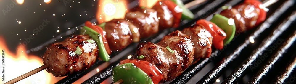 Delicious Grilled Skewers on a Barbecue Grill with Green Peppers and Red Bell Peppers, Highlighting Smoky Flavor and Juicy Texture for Summer BBQ Events Delicious Grilled Skewers on a Barbecue Grill with Green Peppers and Red Bell Peppers, Highlighting Smoky Flavor and Juicy Texture for Summer BBQ Events