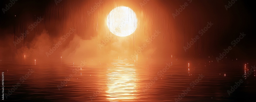 Exquisite Sunset Reflection Over Tranquil Water with Ethereal Light and Mist Creating a Dreamlike Atmosphere in a Serene Natural Landscape Exquisite Sunset Reflection Over Tranquil Water with Ethereal Light and Mist Creating a Dreamlike Atmosphere in a Serene Natural Landscape
