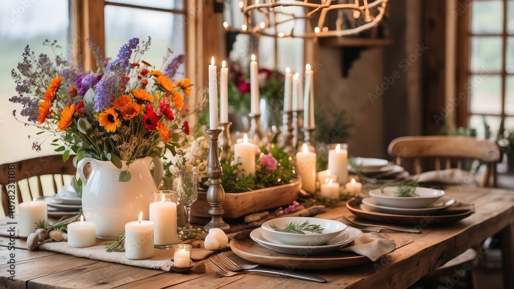  A rustic farmhouse table set for a cozy dinner with candles, dishes, and a vibrant bouquet of wildflowers, creating a warm