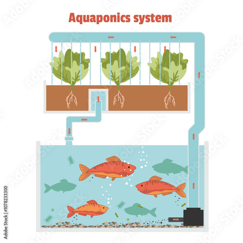 Hydroponics and aquaponics technology for plants food production with hydroponics plants and fishes. Environmental and nature friendly gardening and agriculture model with ecological irrigation system