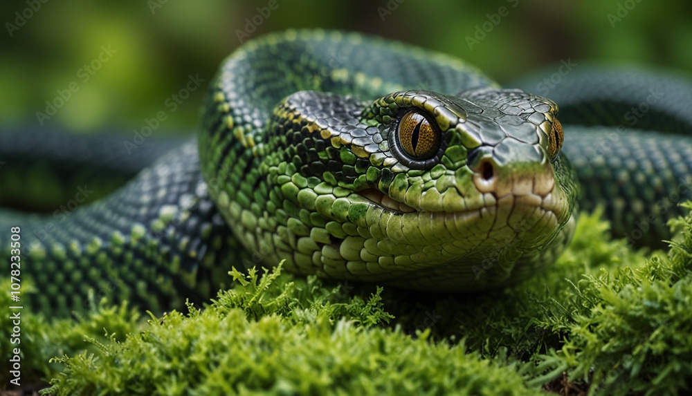 Close up a green snake with blurry nature background. Generative AI Close up a green snake with blurry nature background. Generative AI
