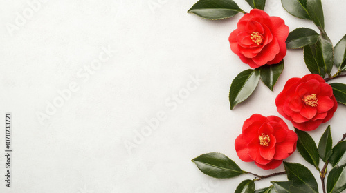 Red Camellia Flowers with Green Leaves on White Background