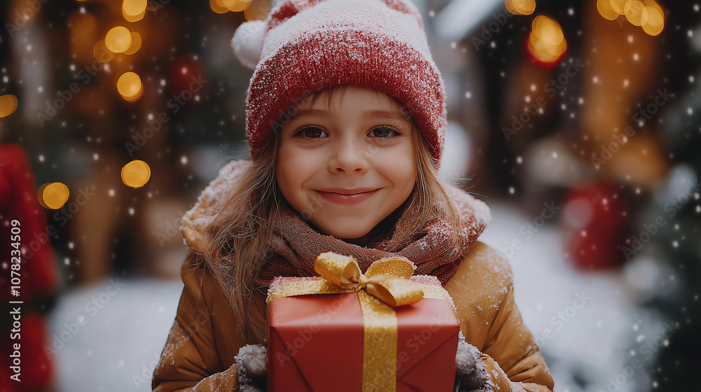 Excited girl opens gift box from Santa Claus, happy childhood, holiday celebration Excited girl opens gift box from Santa Claus, happy childhood, holiday celebration