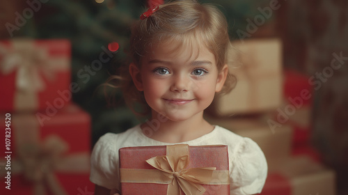 A little blonde girl in a festive interior decorated in a New Year's style. A child holds a Christmas gift in a craft package