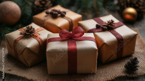 Wrapped boxes with gifts under the Christmas tree in brown and gold colors. Christmas eve background with copy space.