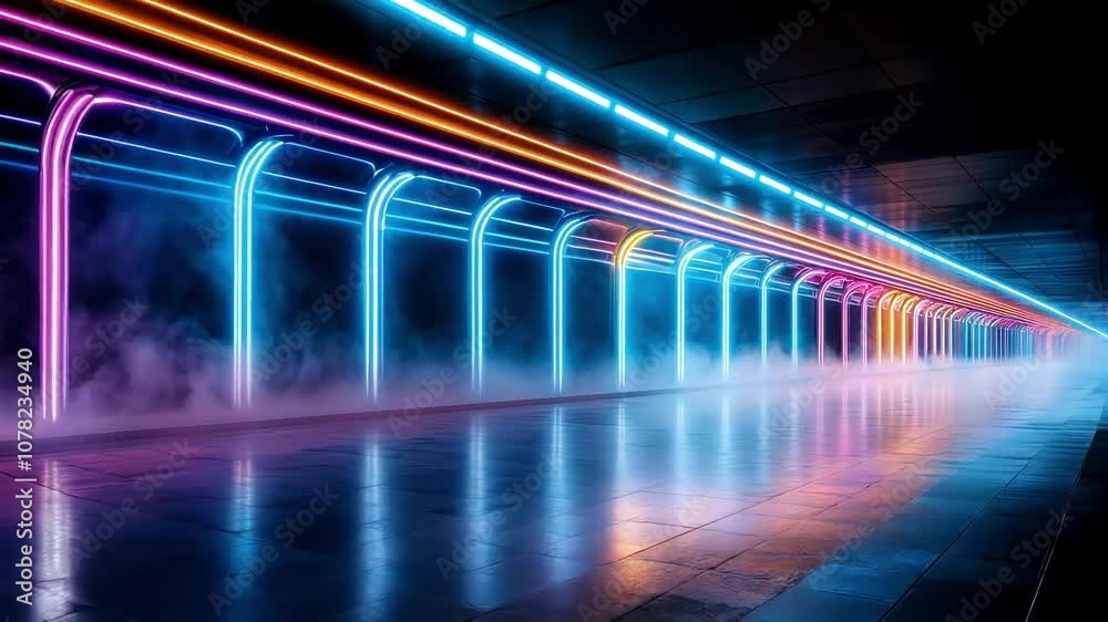 Futuristic Neon Tunnel with Colorful Lights and Mist Creating a Dreamlike Atmosphere for Sci-Fi and Fantasy Themes Futuristic Neon Tunnel with Colorful Lights and Mist Creating a Dreamlike Atmosphere for Sci-Fi and Fantasy Themes