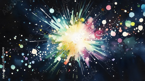 Watercolor Artistic using soft, brushy watercolor strokes, Single object picture - a glittering firework bursting in the night sky, marking a celebration