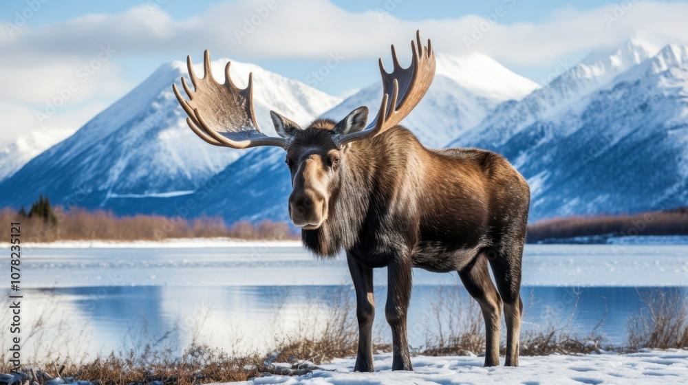 Majestic moose in snowy mountain landscape near serene lake in winter Alascattalo Day Majestic moose in snowy mountain landscape near serene lake in winter Alascattalo Day