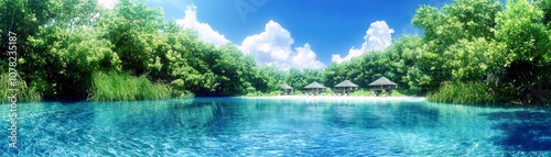 Serene Tropical Landscape with Crystal Clear Water Surrounded by Lush Greenery and Vibrant Blue Sky Perfect for Relaxation and Nature Escapes
