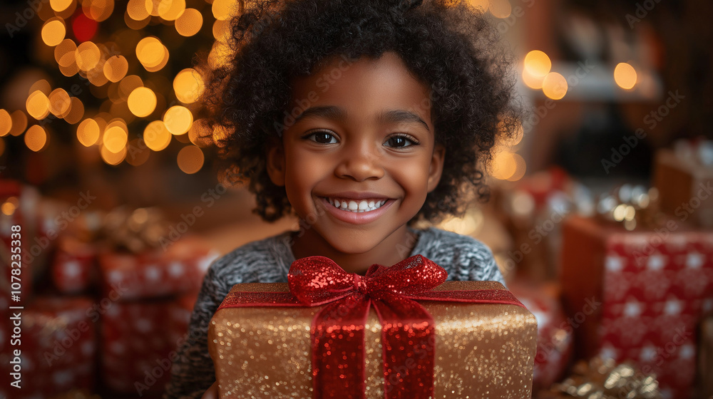 Happy New Year. Portrait of excited little african american boy smiling while holding xmas gift box Happy New Year. Portrait of excited little african american boy smiling while holding xmas gift box