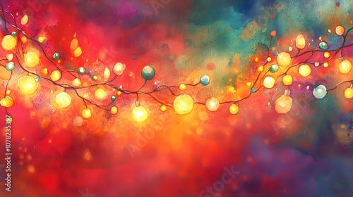 Watercolor Artistic using soft, brushy watercolor strokes, Single object picture - a string of fairy lights casting a warm glow over a festive scene