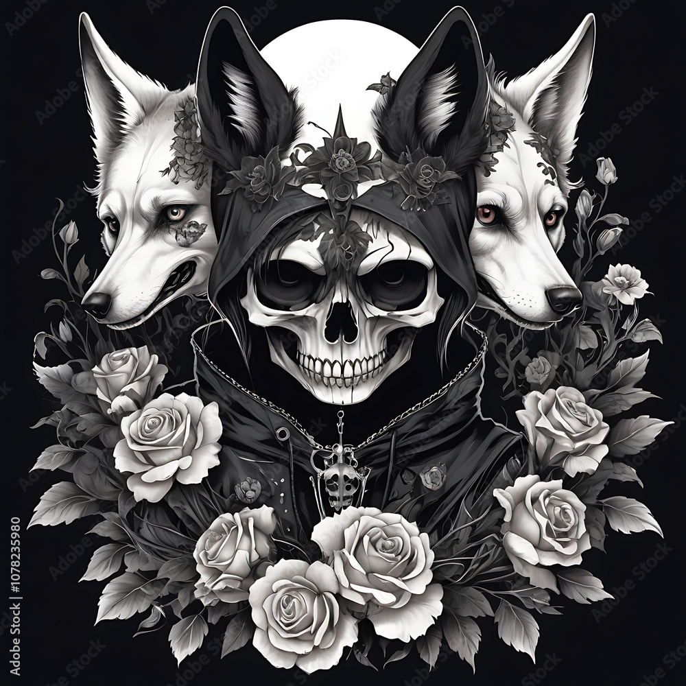 Naklejka premium tattoo art of gothic boy with wolf skull and flowers on white background, created by Generative AI