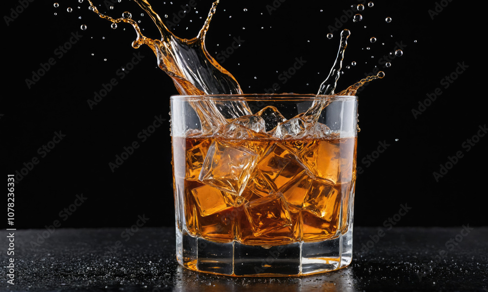 A glass of whiskey with ice cubes, splashing and creating a dramatic effect A glass of whiskey with ice cubes, splashing and creating a dramatic effect