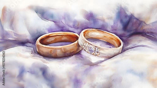 Watercolor Artistic using soft, brushy watercolor strokes, Single object picture - a pair of wedding bands resting together on a satin cushion