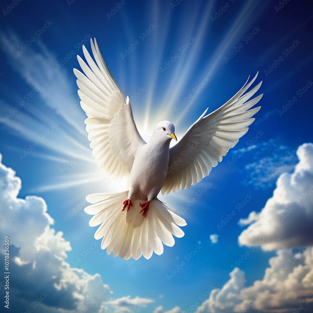 White dove flying in a blue sky with radiant sunlight and clouds White dove flying in a blue sky with radiant sunlight and clouds