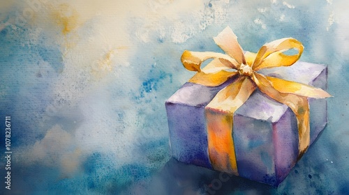 Watercolor Artistic using soft, brushy watercolor strokes, Single object picture - a soft satin ribbon wrapped around a celebration gift
