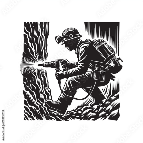 Coal Miner Hard at Work with Jackhammer. A striking woodcut-style illustration of a coal miner diligently working, jackhammer in hand, against a dark mine wall.