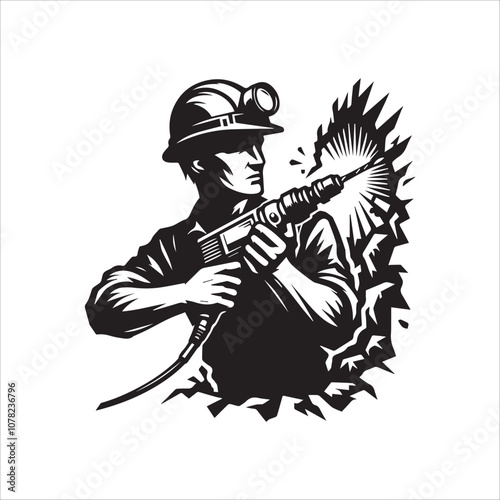 Coal Miner Hard at Work with Jackhammer. A striking woodcut-style illustration of a coal miner diligently working, jackhammer in hand, against a dark mine wall.