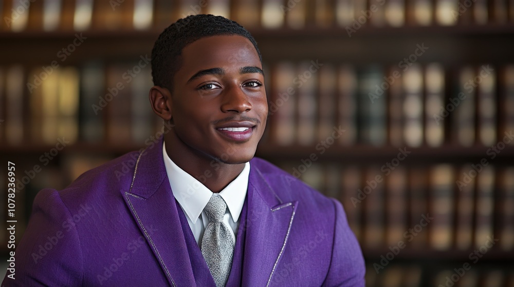 Confident Young Man in Purple Suit Smiling in Elegant Library Setting Confident Young Man in Purple Suit Smiling in Elegant Library Setting