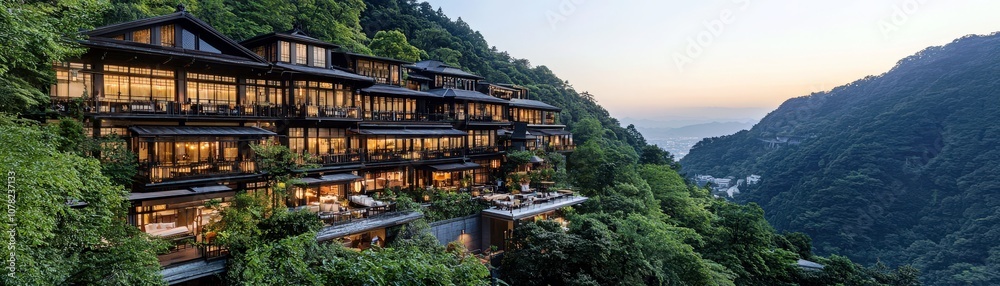 Luxurious hillside resort nestled among green mountains, showcasing modern architecture and serene landscape at sunset, perfect for travel and relaxation photography. Luxurious hillside resort nestled among green mountains, showcasing modern architecture and serene landscape at sunset, perfect for travel and relaxation photography.