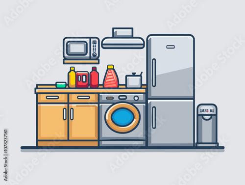 Kitchen interior with fridge, stove and oven. Vector illustration.