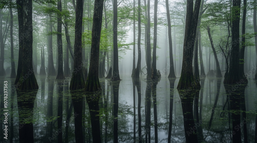 Obraz premium Tall cypress trees stand in a misty swamp, their reflections mirrored in the still water.