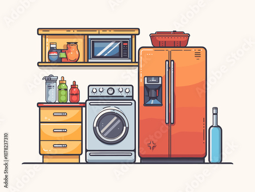 Kitchen interior with fridge, stove and oven. Vector illustration.