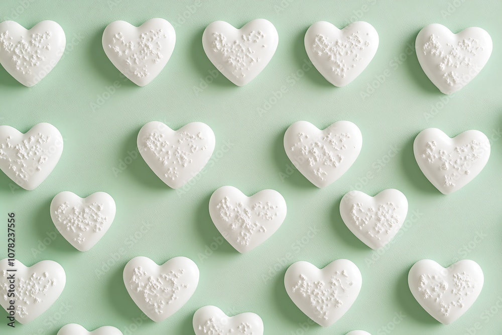 Obraz premium Seamless white heart pattern on a soft pastel green background.