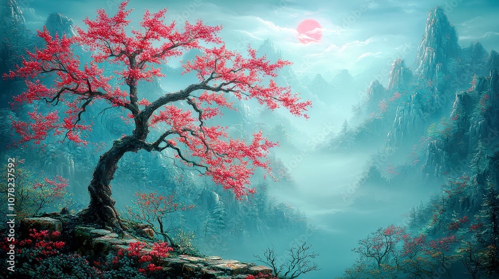 Fototapeta premium Serene Landscape Featuring a Vibrant Pink Tree with Blossoms Overlooking Misty Mountains and a Soft Sunlight in the Background