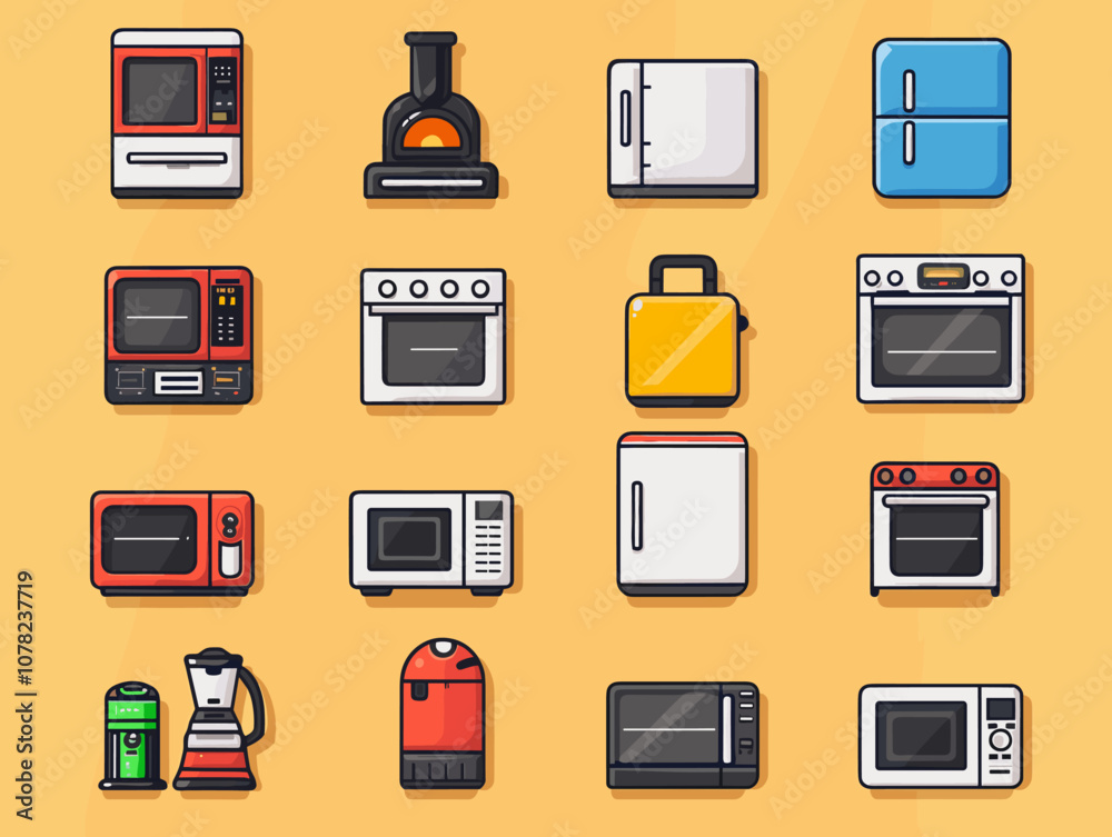 Kitchen furniture and utensils icons set in line style. Kitchen furniture and utensils icons set in line style.