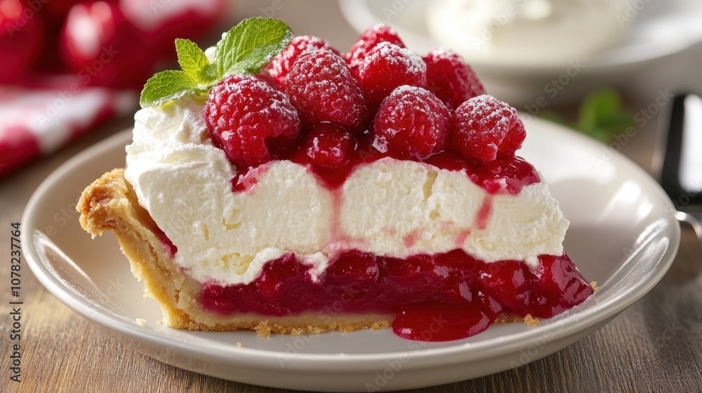 Delicious raspberry cream pie dessert with whipped cream and fresh fruit presentation Delicious raspberry cream pie dessert with whipped cream and fresh fruit presentation