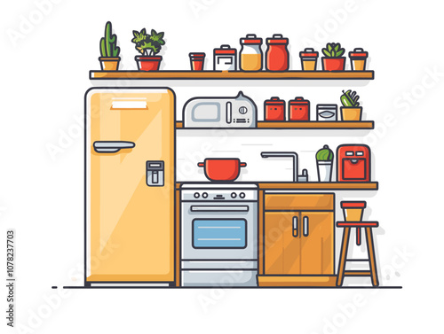 Kitchen interior with fridge, stove and oven. Vector illustration.