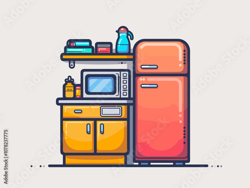 Cartoonish drawing of a kitchen with a red refrigerator and a microwave. The refrigerator is on the right side of the image and the microwave is on the left side