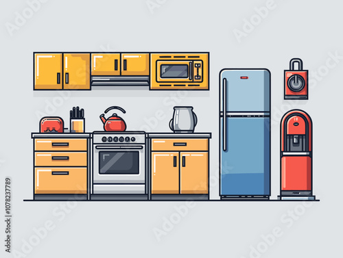 Kitchen interior with fridge, stove and oven. Vector illustration.