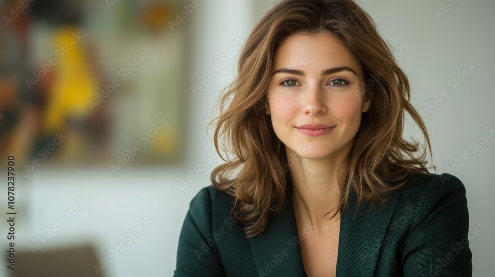 Confident Young Woman in Professional Setting with Natural Smile Confident Young Woman in Professional Setting with Natural Smile