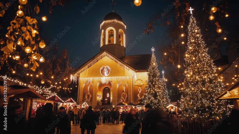Festive christmas market at night with illuminated church and decorated trees Festive christmas market at night with illuminated church and decorated trees