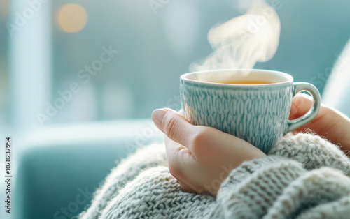 cozy hand holding steaming cup of tea, wrapped in warm sweater, evokes sense of comfort and relaxation. soft background enhances tranquil atmosphere photo