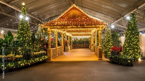 A festive walkway decorated with Christmas lights and trees leading to a wooden gazebo, creating a magical atmosphere.