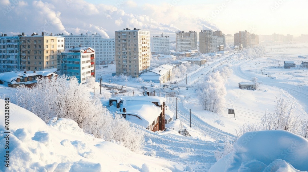 Fototapeta premium Yakutsk cityscape, buildings under thick snow, people adapting to extreme cold, bustling winter life