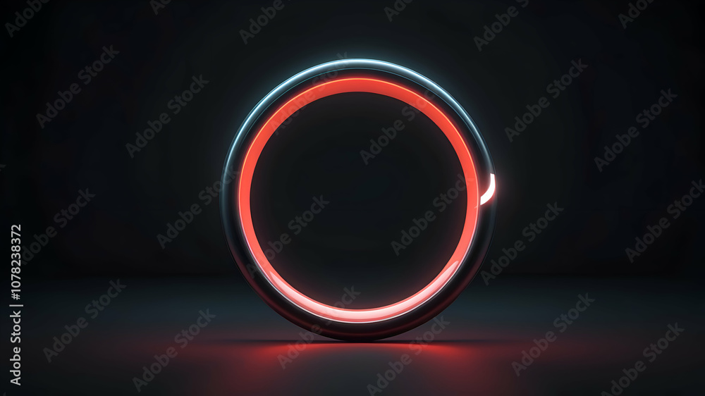 Red to Black Neon Ring, Minimalistic 3D Render with Gradient Glow, Black Surface, Embossed Shape, Orange Trim. Red to Black Neon Ring, Minimalistic 3D Render with Gradient Glow, Black Surface, Embossed Shape, Orange Trim.