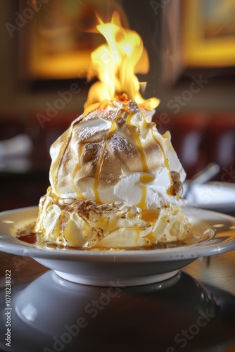 National Baked Alaska Day Flaming baked alaska dessert with ice cream and meringue in elegant restaurant setting photo