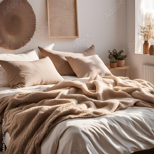 Warm Scandinavian Bedroom with Cozy Blanket and Models in Bed in Soft Morning Sunlight

