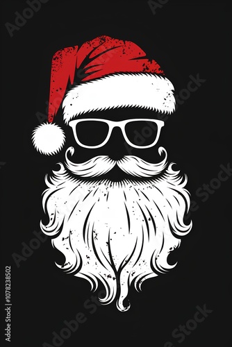 Minimalist hipster print silhouette of Santa Claus with distress texture, white beard, red hat and sunglasses on black background. For Christmas design, print on clothes