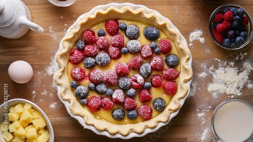 Great American Pie Month Delicious mixed berry tart with powdered sugar for dessert and baking inspiration photo