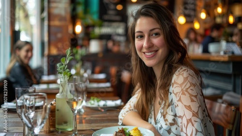 Solo Diners Eat Out Week Woman enjoying a meal at a cozy restaurant with friends