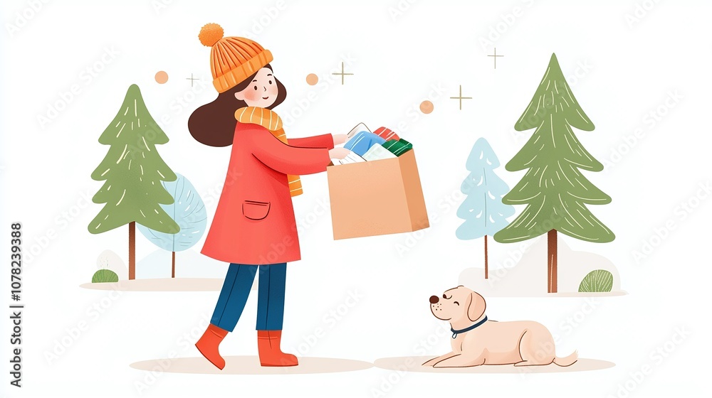 Laundry cozy home concept. A cheerful woman in a red coat carries a box while a light-colored dog sits nearby, surrounded by evergreen trees in a snowy landscape.