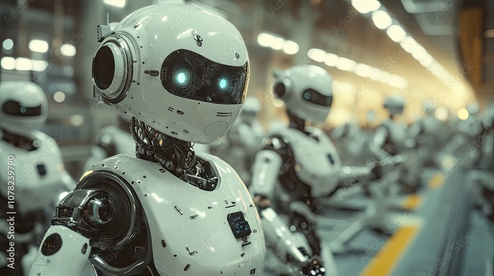 A Close-up of a White Robot's Head with Glowing Eyes Amidst a Line of Other Robots A Close-up of a White Robot's Head with Glowing Eyes Amidst a Line of Other Robots