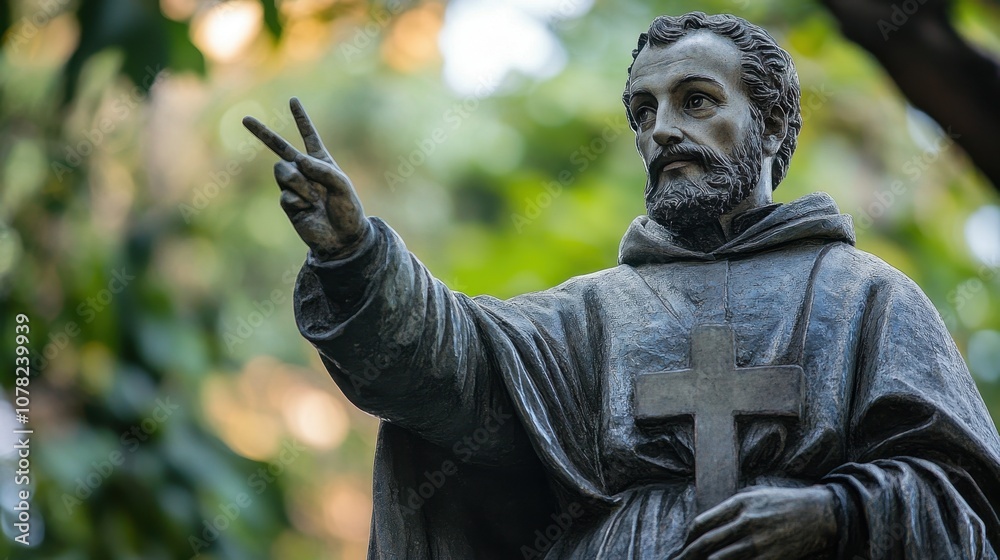 Fototapeta premium Historic stone statue of a monk with cross amidst lush green foliage St. Francis Xavier