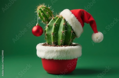 Cute prickly cactus in Santa hat in festive flower pot, decorated with Christmas balls.