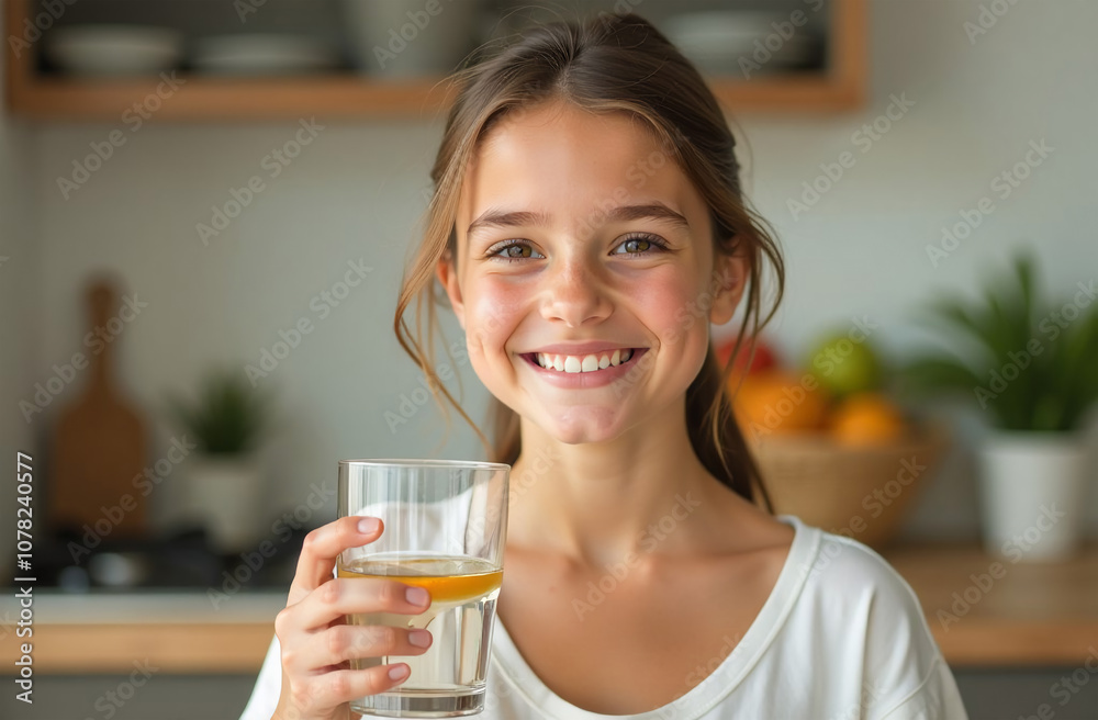 Smiling young woman drinking a glass of water in the kitchen Smiling young woman drinking a glass of water in the kitchen